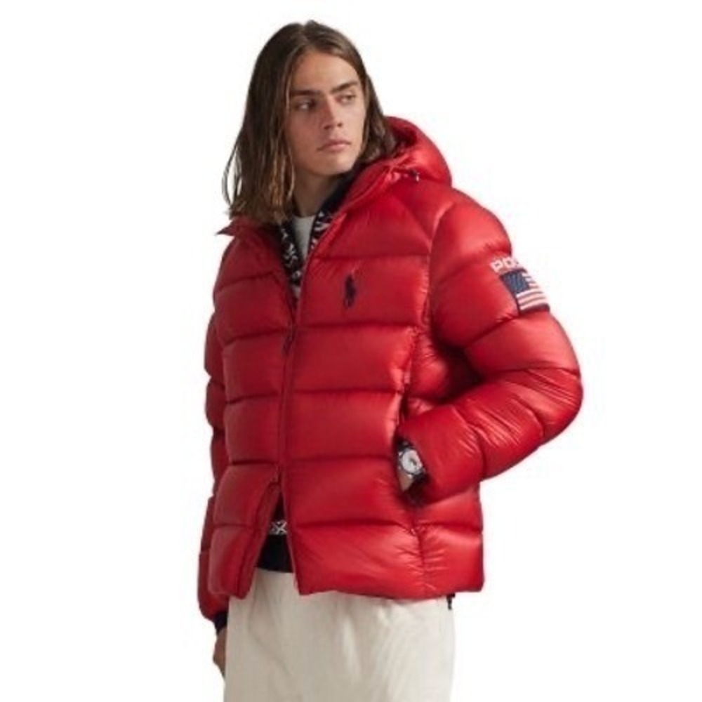 Polo Ralph Lauren Mens Size Medium Down Puffer Jacket Red USA Flag Hooded NWOT